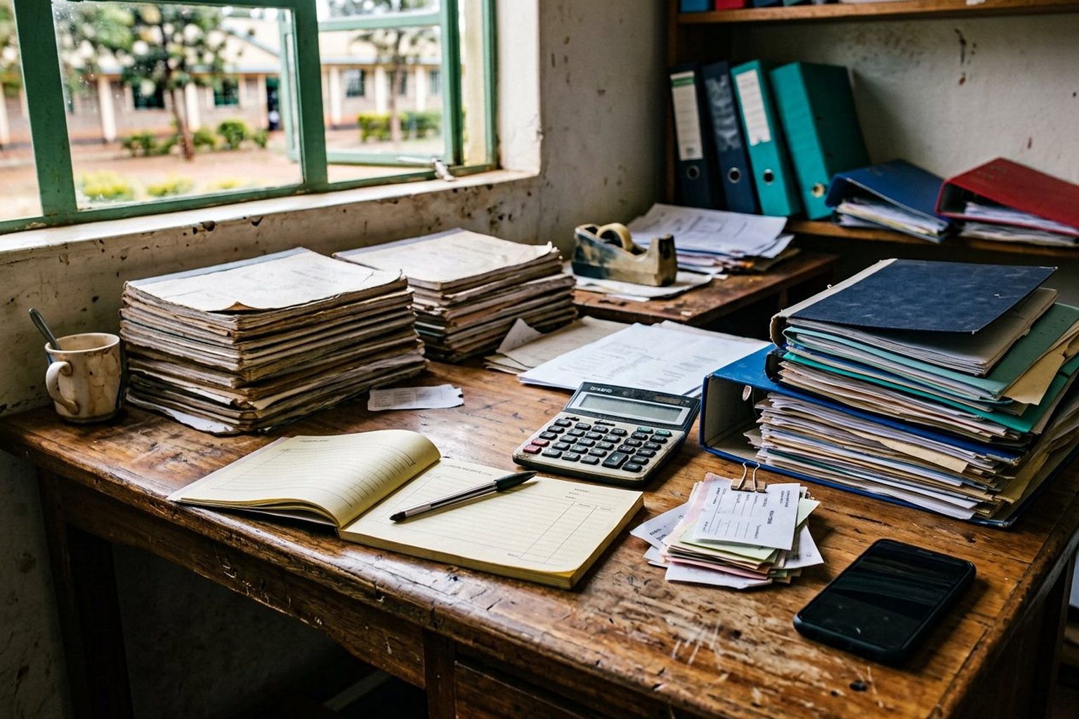 A school office desk stacked with exercise-book registers and receipt books